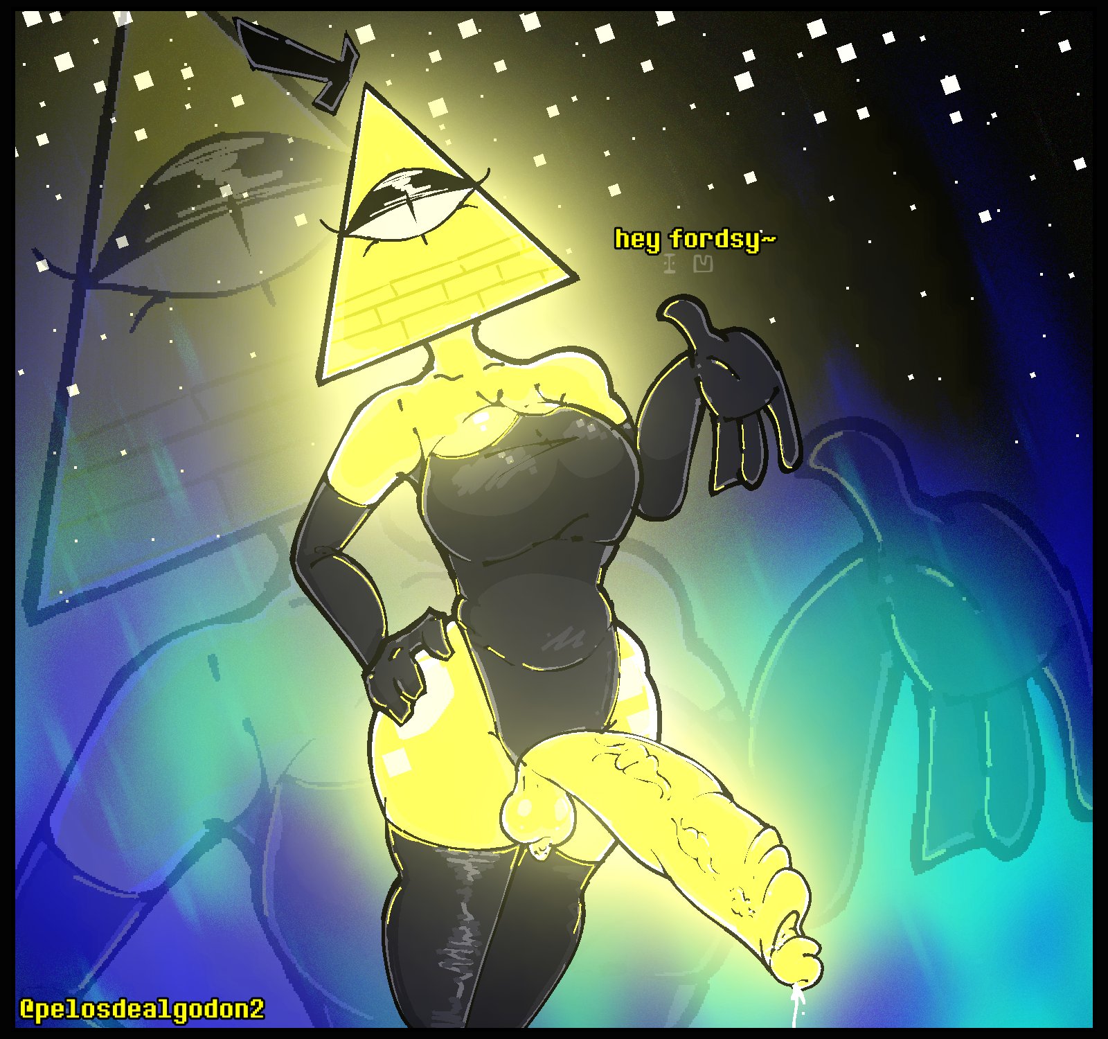 1futa, balls, big breasts, bill cipher, breasts, clothed, clothing, cock, elbow gloves, english text, erection, futa only, futanari, gloves, gravity falls, huge cock, humanoid, humanoidized, intersex, latex, leotard, light skin, mostly clothed, penis, rule 63, solo, thepinkthing