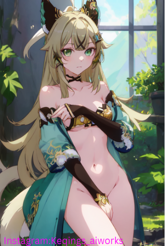 ai_generated censored covered_nipples covering_crotch embarrassed genshin_impact kirara_(genshin_impact) nekomata yokai