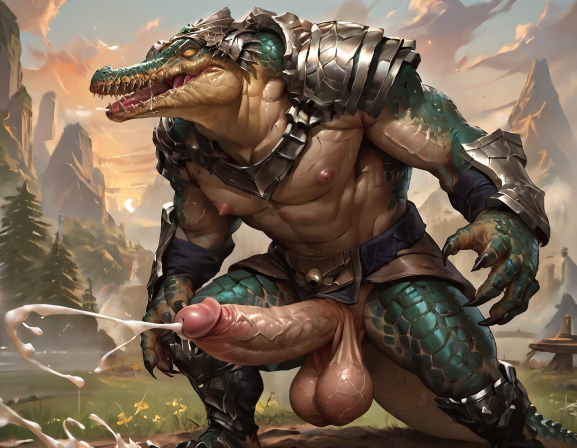 1boy ai_generated big_balls big_muscles big_nipples big_pecs big_penis booster_rex crocodile cum cumming daddy ejaculation erect_nipples erection furry furry_male gay helmet huge_balls huge_cock huge_muscles huge_nipples huge_pecs league_of_legends male male_only muscular muscular_anthro muscular_male navel open_mouth renekton solo teeth yellow_eyes