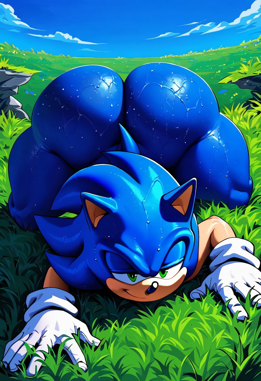 1boy 6_fingers ai_failure ai_fingers ai_generated anthro ass_up bent_over big_ass big_butt fiveai_(artist) furry looking_at_viewer male male_only smug_face sonic_(series) sonic_the_hedgehog thick_thighs