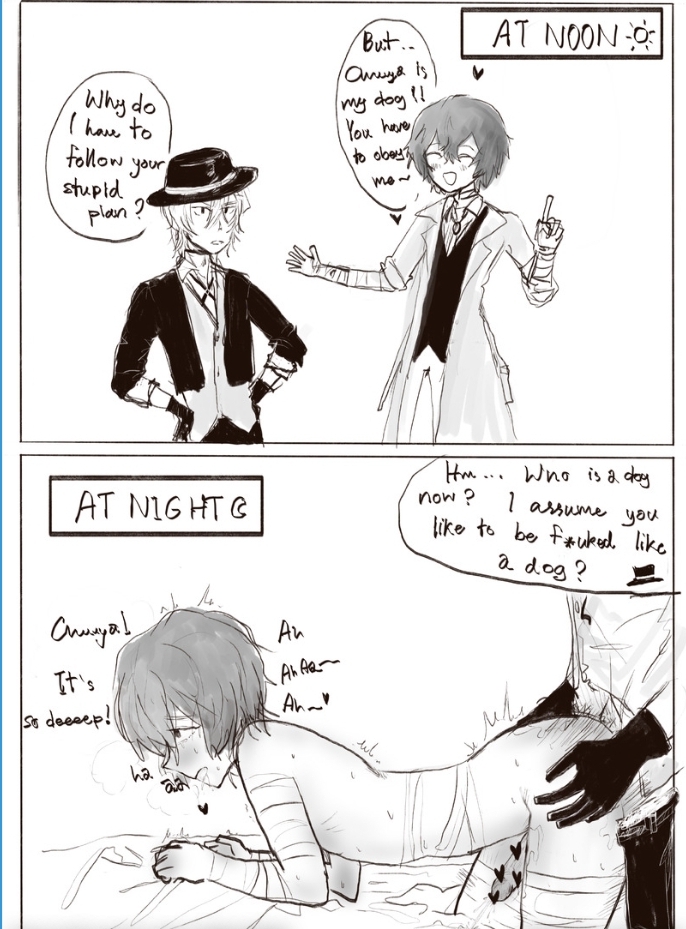 2_panel_comic 2boy 2boys 2males 2men anal anal_sex bed bed_sheet black_gloves black_pants blush blushing_male bottom_dazai bsd bungo_stray_dogs bungou_stray_dogs chuuya_nakahara comic comic_page comparison dark_hair dark_hair_male dazai_osamu dialogue doggy_style domination dress_pants erect erect_penis erect_while_penetrated erection eyes_rolled_back eyes_rolling_back eyes_rolling_up from_behind from_behind_position fucked_from_behind gloves gripping_ass hand_on_hip hands_on_hips heart_censor in_bed male male_on_male male_only male_penetrated male_penetrating male_penetrating_male maledom males males_only malesub mouth_open nakahara_chuuya naked_male nude nude_male on_bed osamu_dazai submissive submissive_male text two_panel_image