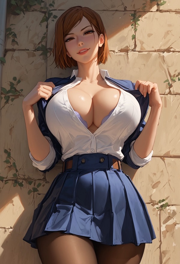 ai_generated big_breasts bra_peek breasts breasts_bigger_than_head cleavage flashing flashing_breasts from_below huge_breasts jujutsu_kaisen kugisaki_nobara nylons pantyhose shiny_breasts shiny_skin skirt slim_waist smirking smooth_skin smug smug_expression smug_face smug_smile tease teasing teasing_viewer thick_thighs wide_hips