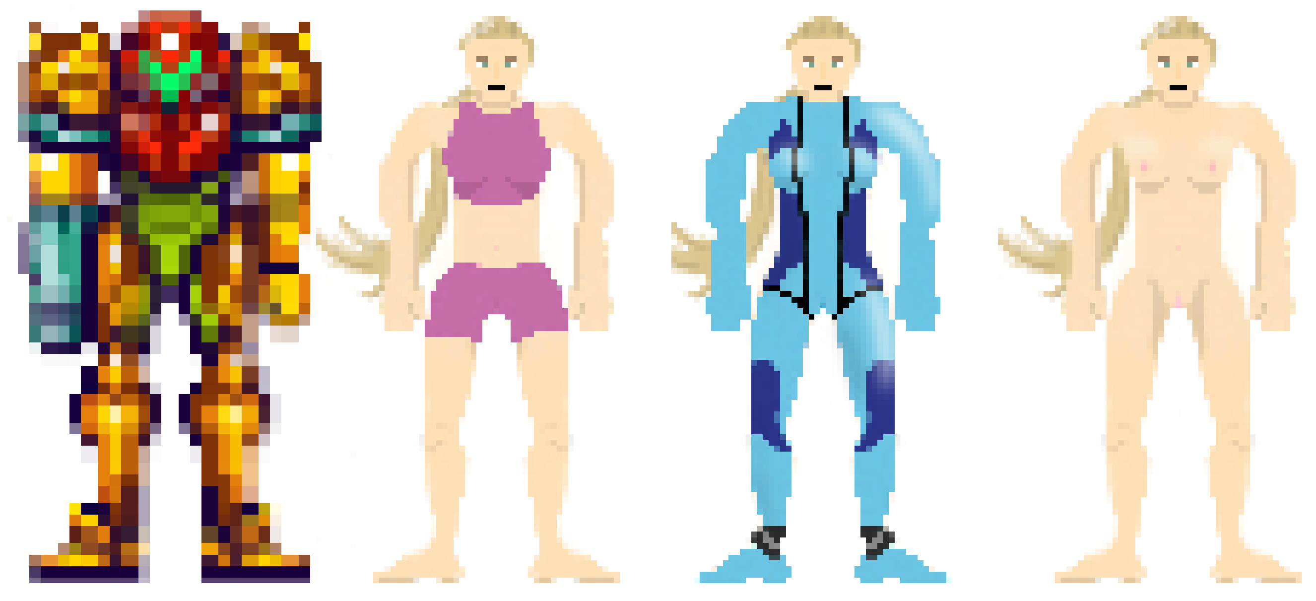 1girls 4girls arm_cannon armor armored_samus blonde_hair blue_eyes bra breasts cameltoe female female_only gun helmet helmet_with_visor long_hair low_res medium_breasts metroid metroid_zero_mission navel nintendo nipples nude pauldrons pixel pixel_(artwork) pixel_art pixelated power_armor power_suit pussy samus_aran super_metroid titties vagina varia_suit varia_suit_helmet visible_nipples visible_pussy white_background zero_suit zero_suit_samus