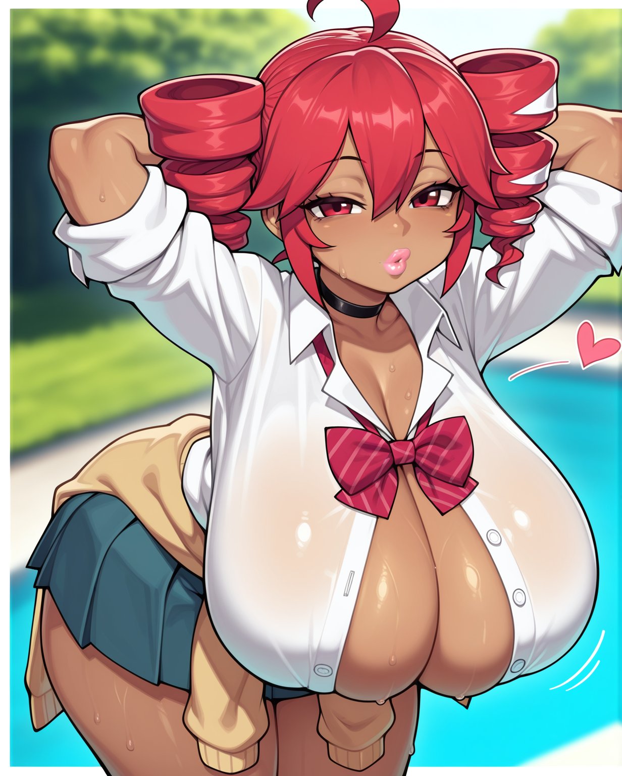 1girls, ahoge, ai generated, alternate skin color, arms behind head, arms up, big breasts, bimbo, blouse, bow, breasts, choker, cleavage, cleavage cutout, curvaceous, curvy, curvy female, curvy figure, dark skin, dark-skinned female, female, female only, gigantic breasts, gyaru, hair ornament, huge breasts, kasane teto, kasane teto (sv), large breasts, lips, lipstick, massive breasts, miniskirt, mochipawg, open blouse, pink lips, pink lipstick, plump breasts, plump lips, red eyes, red hair, skindentation, skirt, solo, solo female, sweat, sweater around waist, sweating, synthesizer v, tan body, tanned, tanned female, thick thighs, thighs, twin drills, utau, voluptuous, voluptuous female, wide hips