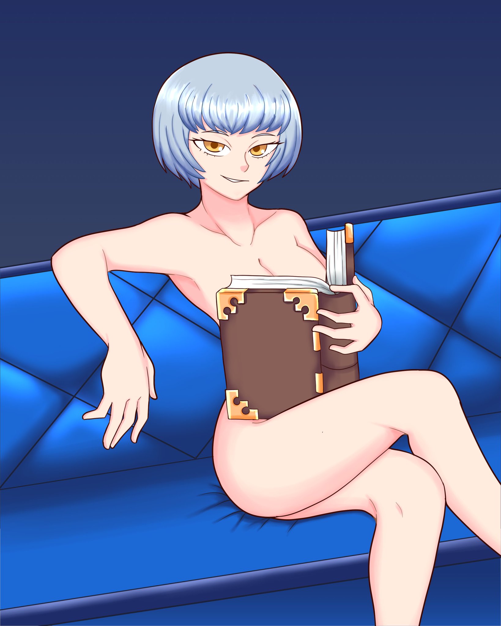 1girls, atlus, book, breasts, casual, cleavage, completely nude, covering, covering breasts, elizabeth (persona), female, human, looking at viewer, nude, nude female, nudist, orangemint 4444, ouch meme, pale skin, persona, persona 3, solo, uc-four