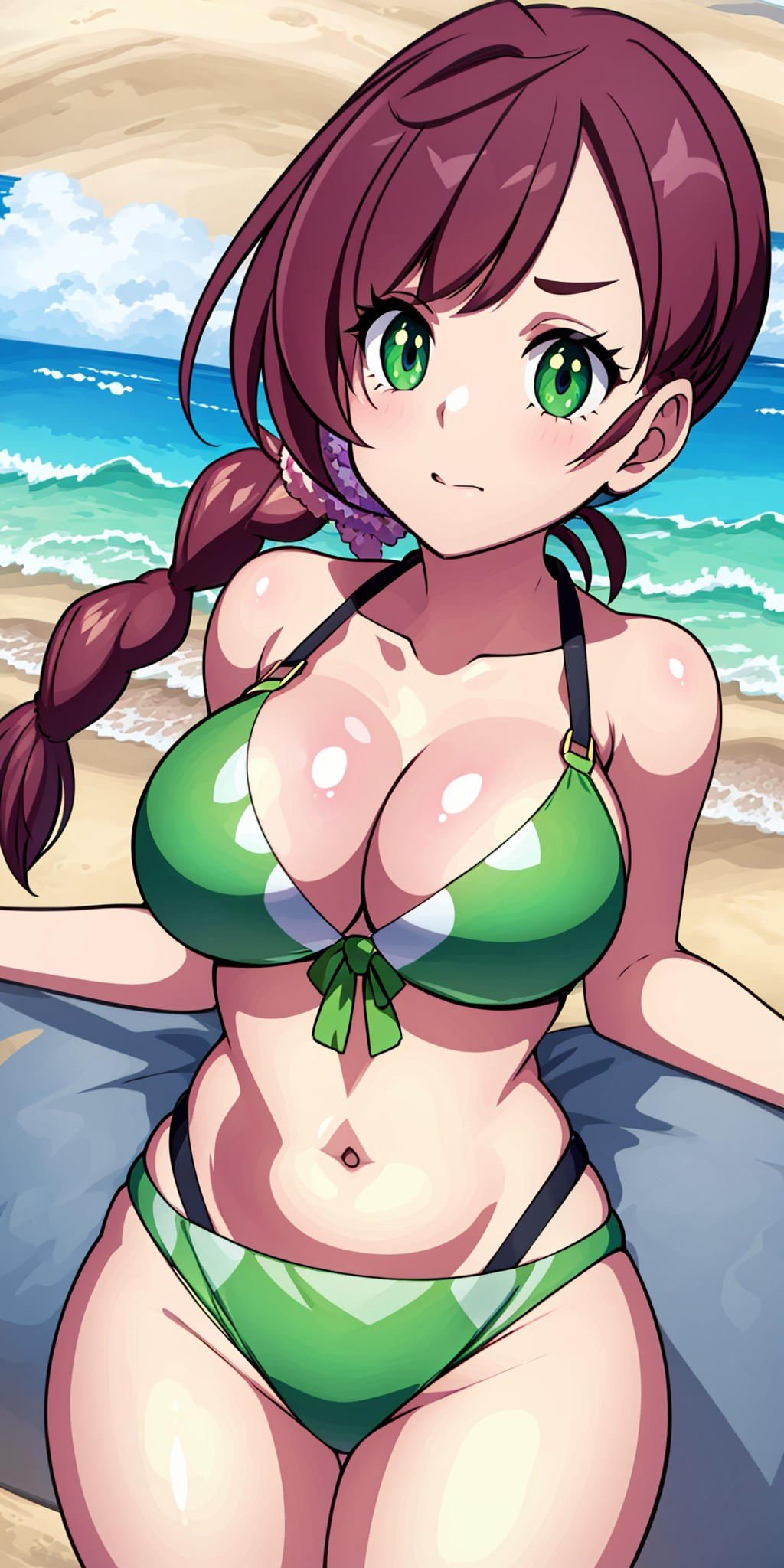 1girls ai_generated beach beach_background belly belly_button big_breasts bikini braid braided_hair breasts chloe_(pokemon) cleavage collarbone female female_focus female_only game_freak gamefreak green_bikini green_bikini_bottom green_bikini_top green_eyes large_breasts light-skinned_female light_skin long_hair nintendo ocean ocean_background pokemon pokemon_(anime) pokemon_journeys purple_hair revealing_clothes ryuzam sideboob single_braid solo standing thick_thighs thighs thin_waist