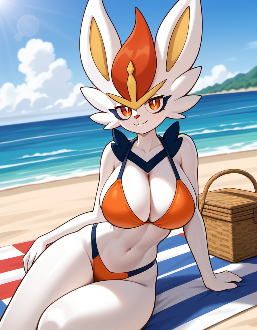 ai_generated anthro big_breasts bikini breasts cinderace cleavage creatures_(company) female female_focus female_only furry game_freak gamefreak kemonogirls large_breasts nintendo orange_bikini orange_swimwear pokemon pokemon_(species) revealing_clothes solo swimsuit swimwear thick_thighs thighs white_fur