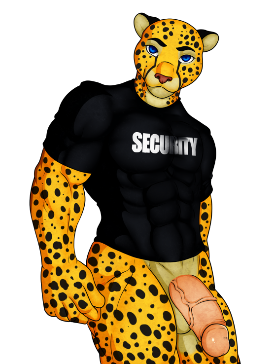 1boy 2014 abs anthro athletic balls biceps big_muscles big_penis blackbear blue_eyes bottomless bouncer cheetah circumcised clothed clothing erection feline fur half-dressed humanoid_penis looking_at_viewer male male_only mammal muscular muscular_male nude pecs penis pepsi_(fa) pose presenting security shirt simple_background smile solo spots standing thick_penis uncut vein veiny_penis white_background yellow_fur