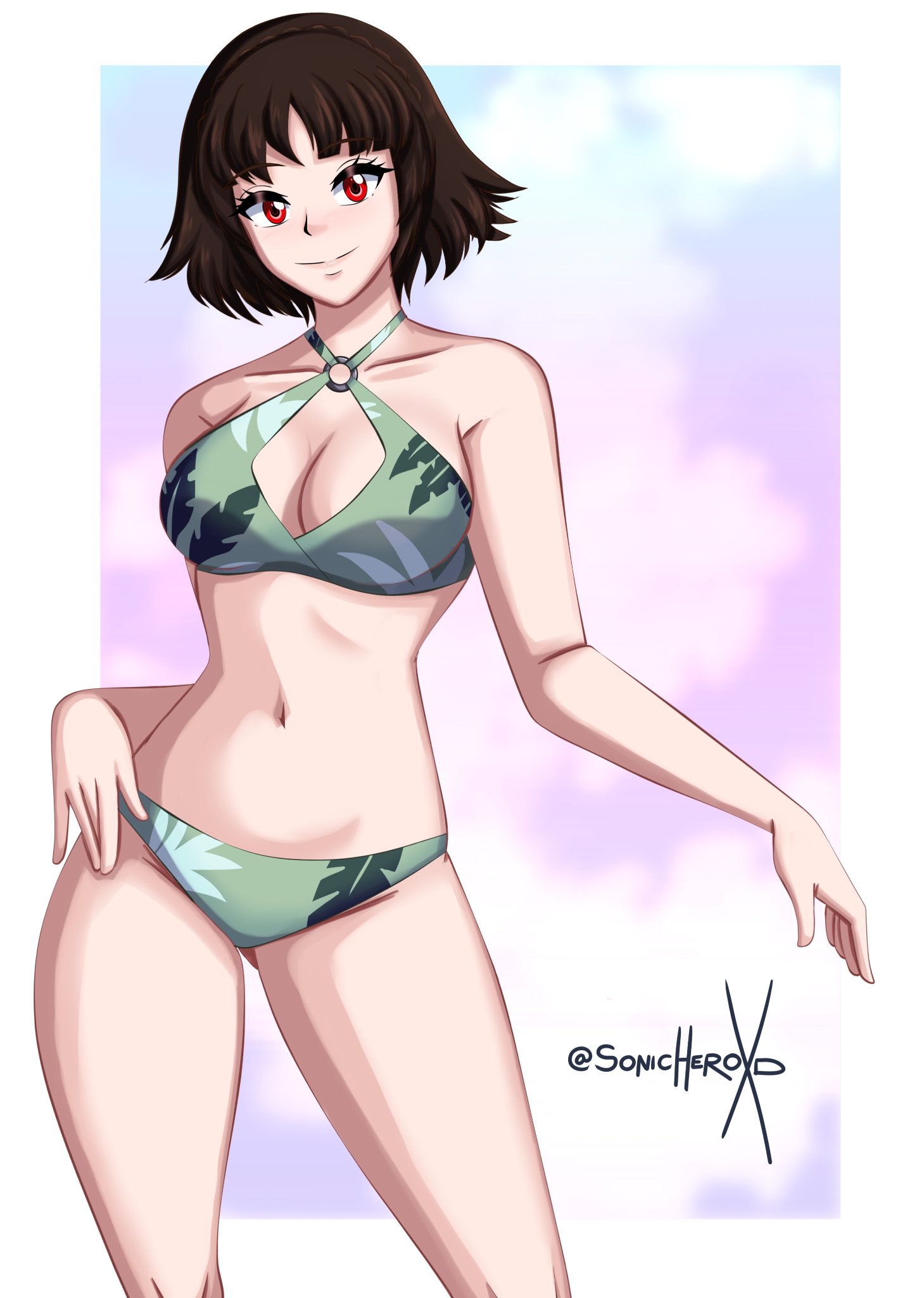 1girls, bikini, breasts, brown hair, cleavage, female, female only, makoto niijima, makoto niijima (swimsuit strikers), medium breasts, megami tensei, official alternate costume, persona, persona 5, persona 5 scramble: the phantom strikers, red eyes, short hair, smile, sonicheroxd, swimsuit
