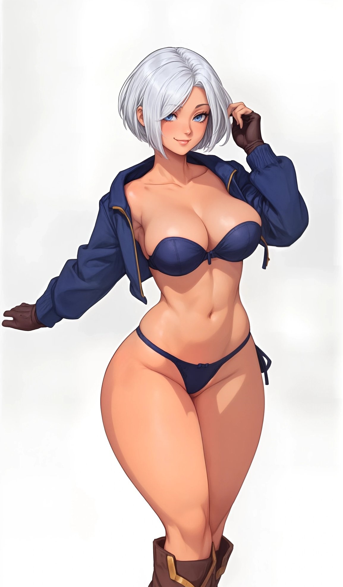 1girls, ai generated, angel (kof), big breasts, blue eyes, boots, bra, breasts, clothed, female, gloves, jacket, king of fighters, light skin, light-skinned female, looking at viewer, no pants, open clothes, pov, pov eye contact, seducing, seductive, seductive look, seductive smile, short hair, thick, thick legs, thick thighs, thighs, thong, tight clothing, white hair, wide hips
