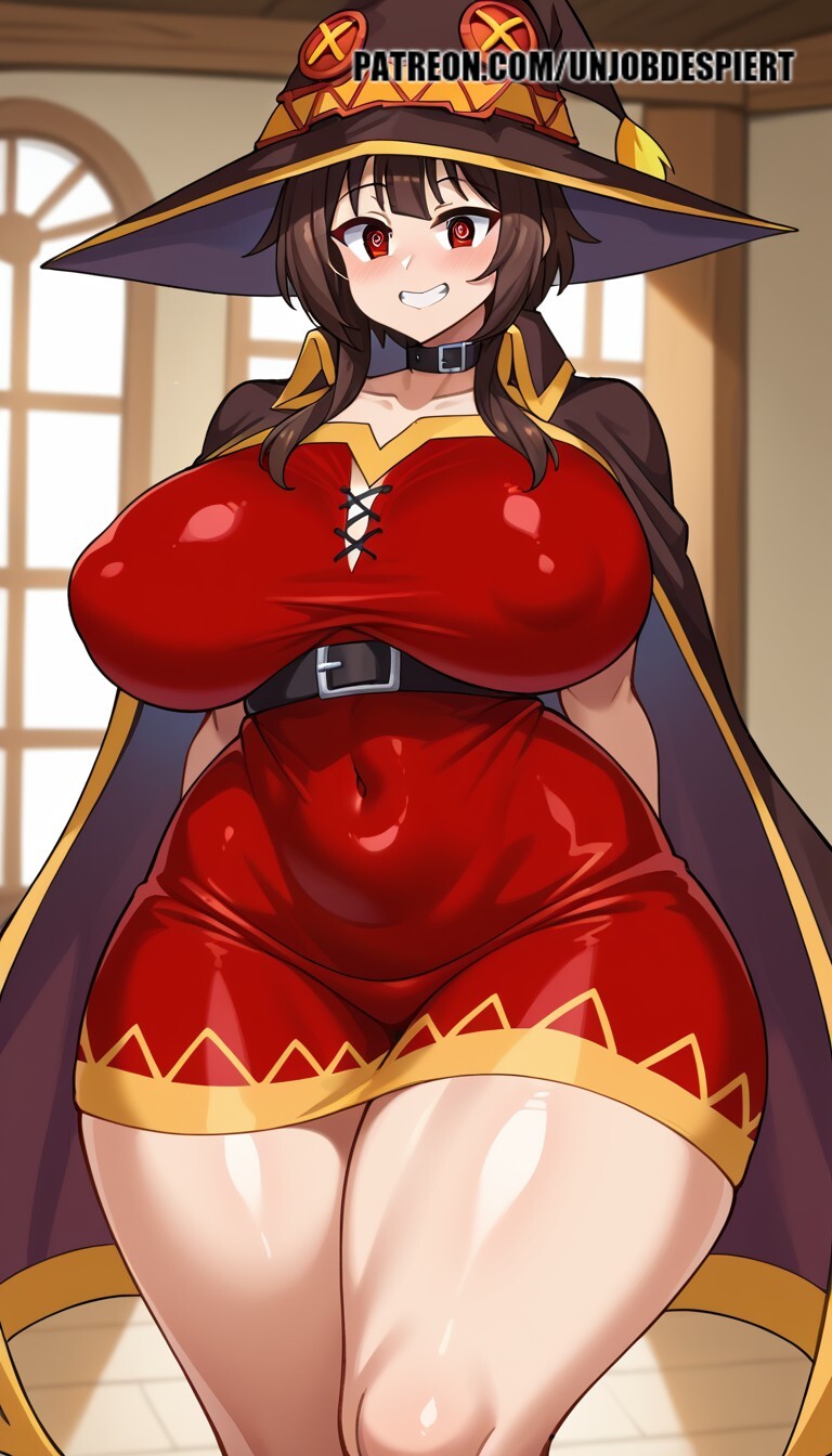 ai_generated alternate_breast_size bangs blush breasts brown_hair choker dress female hair hat hips huge_breasts kono_subarashii_sekai_ni_shukufuku_wo! looking_at_viewer megumin only red red_eyes short skin smile thick_thighs thighs wide witch_hat