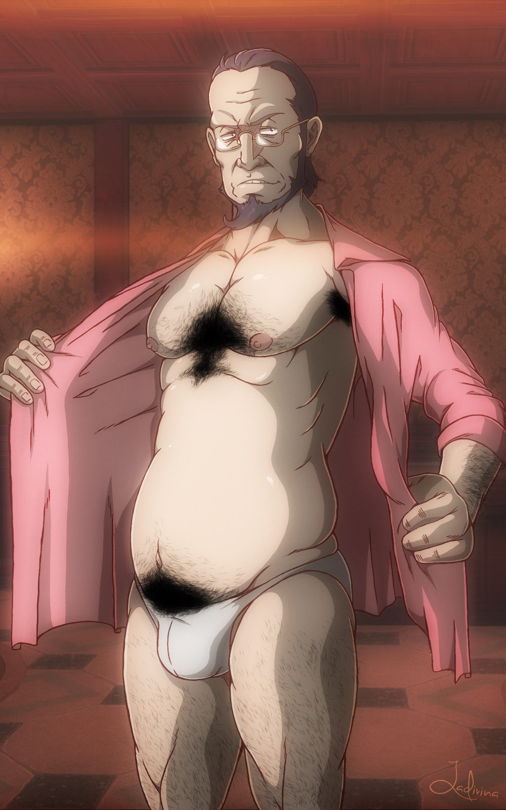 atlus beard black_hair bulge bulge_through_clothing chinstrap_beard daddy dark_hair dilf exposing_self facial_hair flashing flashing_at_viewer funeral-paws gay glasses grin grinning grinning_at_viewer hairy hairy_armpits hairy_arms hairy_chest hairy_legs hairy_male hairy_thighs inviting inviting_to_sex looking_at_viewer megami_tensei muscular muscular_male musk musky opening_shirt persona persona_5 persona_5_royal sakura_sojiro seductive seductive_eyes seductive_look seductive_mouth seductive_smile slightly_chubby slightly_chubby_male sojiro_sakura stained_underwear underwear wearing_glasses yaoi