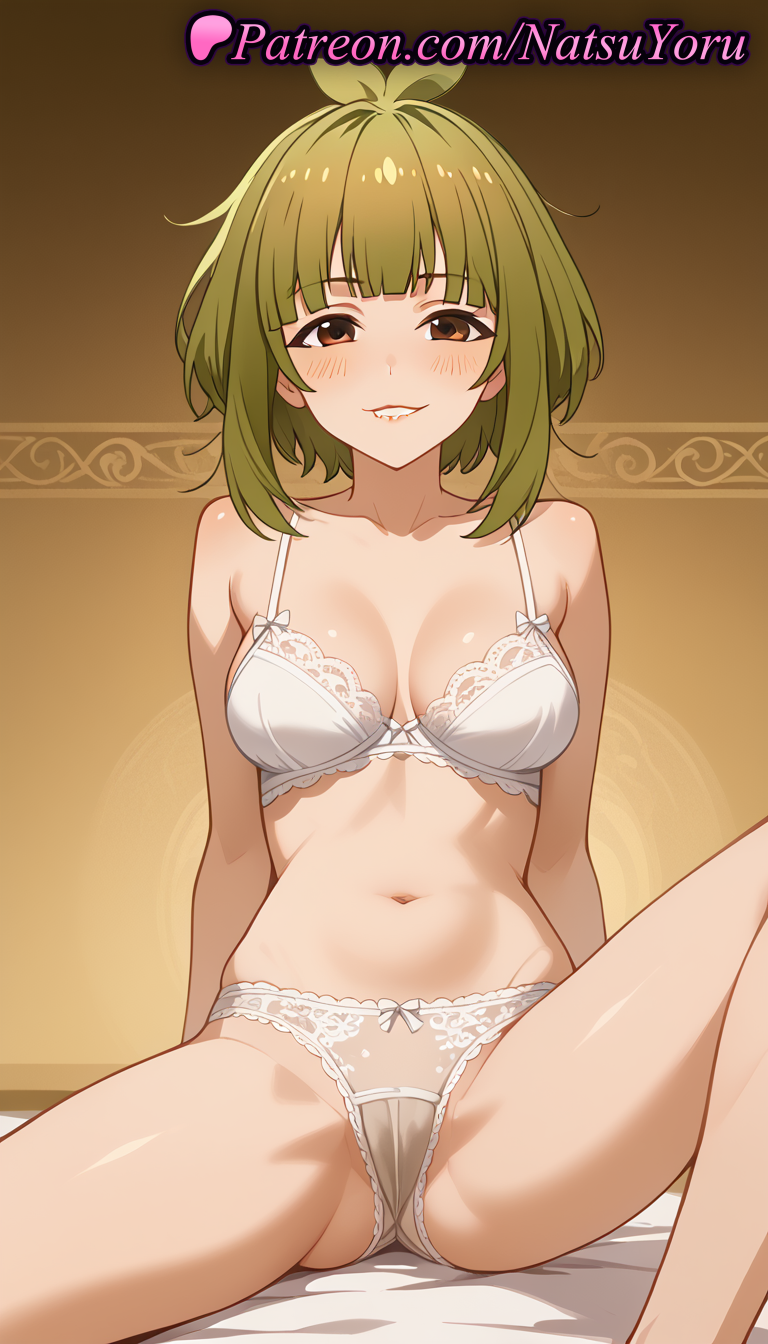 1girls ai_generated anime anime_style antenna_hair arm_support bangs bare_shoulders bashame_meme bed biting_own_lip blush bow bow_bra bow_panties bra breasts brown_eyes bust busty cameltoe cleavage collarbone female female_focus female_only green_hair grin hentai knee_up lace-trimmed_bra lace-trimmed_panties lace_trim lingerie looking_at_viewer medium_breasts my_deer_friend_nokotan natsuyoru navel on_bed panties pantsu parted_lips short_hair sitting smile solo solo_female spread_legs stomach thighs underwear underwear_only voluptuous voluptuous_female white_bra white_panties