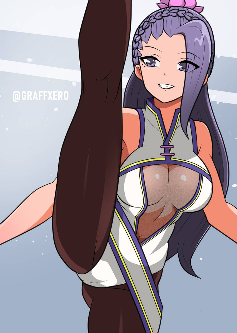 1girls bodysuit braid cameltoe cleavage cleavage_window clothed flexible flexible_female flower flower_in_hair gymnastics hair_ornament king_of_fighters leg_up light-skinned_female light_skin long_hair luong_(kof) no_bra one_leg_up purple_eyes purple_hair smile tall tall_female tied_hair