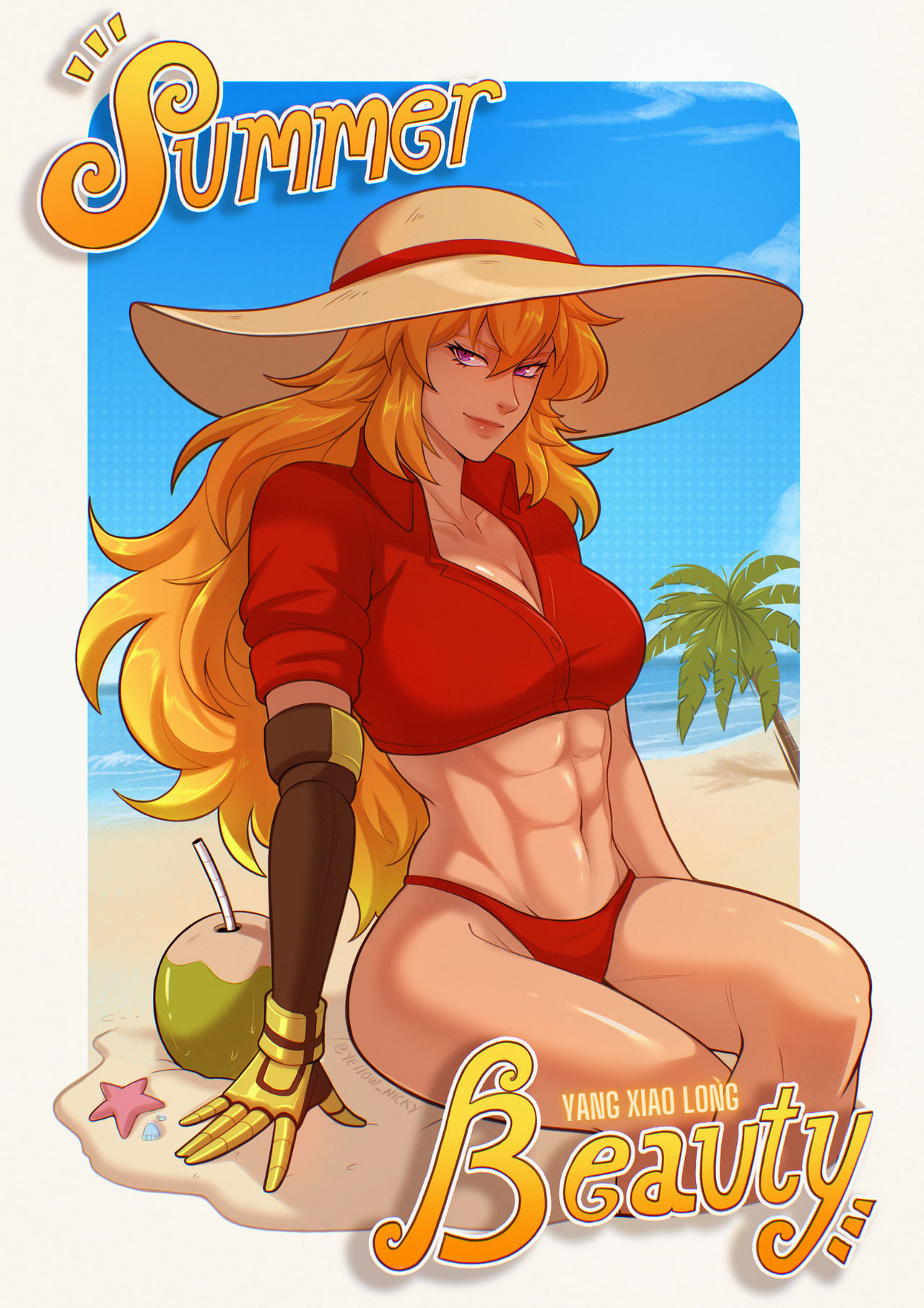 abs beach bikini blonde_hair blue_sky breasts cleavage clothing cloud coconut crossed_legs day drinking_straw english_text female female gloves hat headwear large_breasts long_hair looking_at_viewer midriff muscle muscular_female navel outdoors palm_tree prosthesis prosthetic_arm purple_eyes red_bikini rwby sand sitting sky smile solo sun_hat swimsuit thighs tree yang_xiao_long yellow_nicky_(artist)