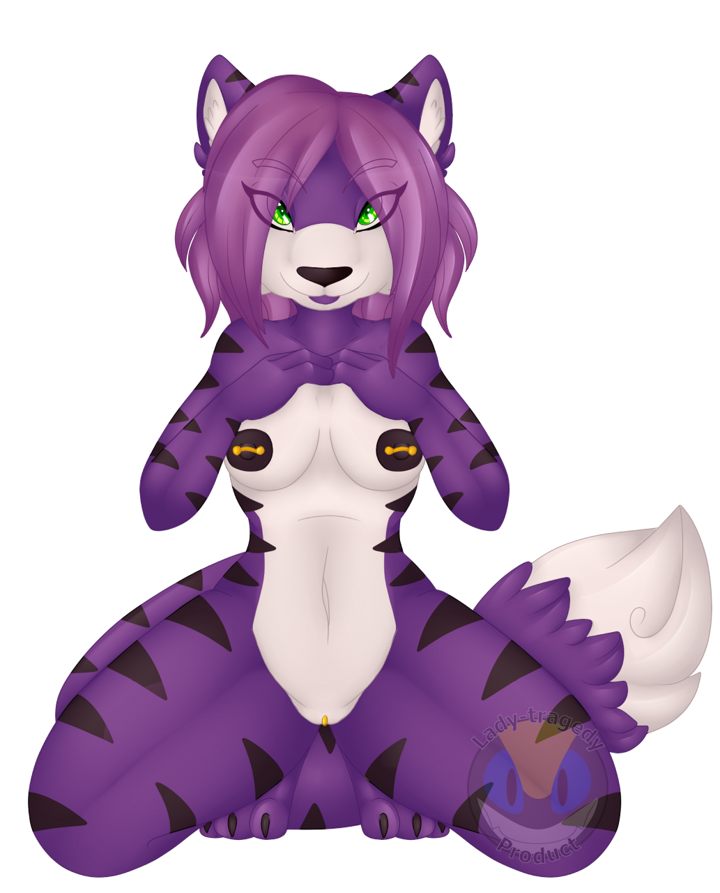 2015 anthro bethany_stripes big_breasts breasts brown_fur clitoris cute fan_character feline female fur hair heart lady-tragedy looking_at_viewer mammal mature_female nipple_piercing nipples nude piercing presenting purple_hair pussy solo sonic_(series) tiger voluptuous