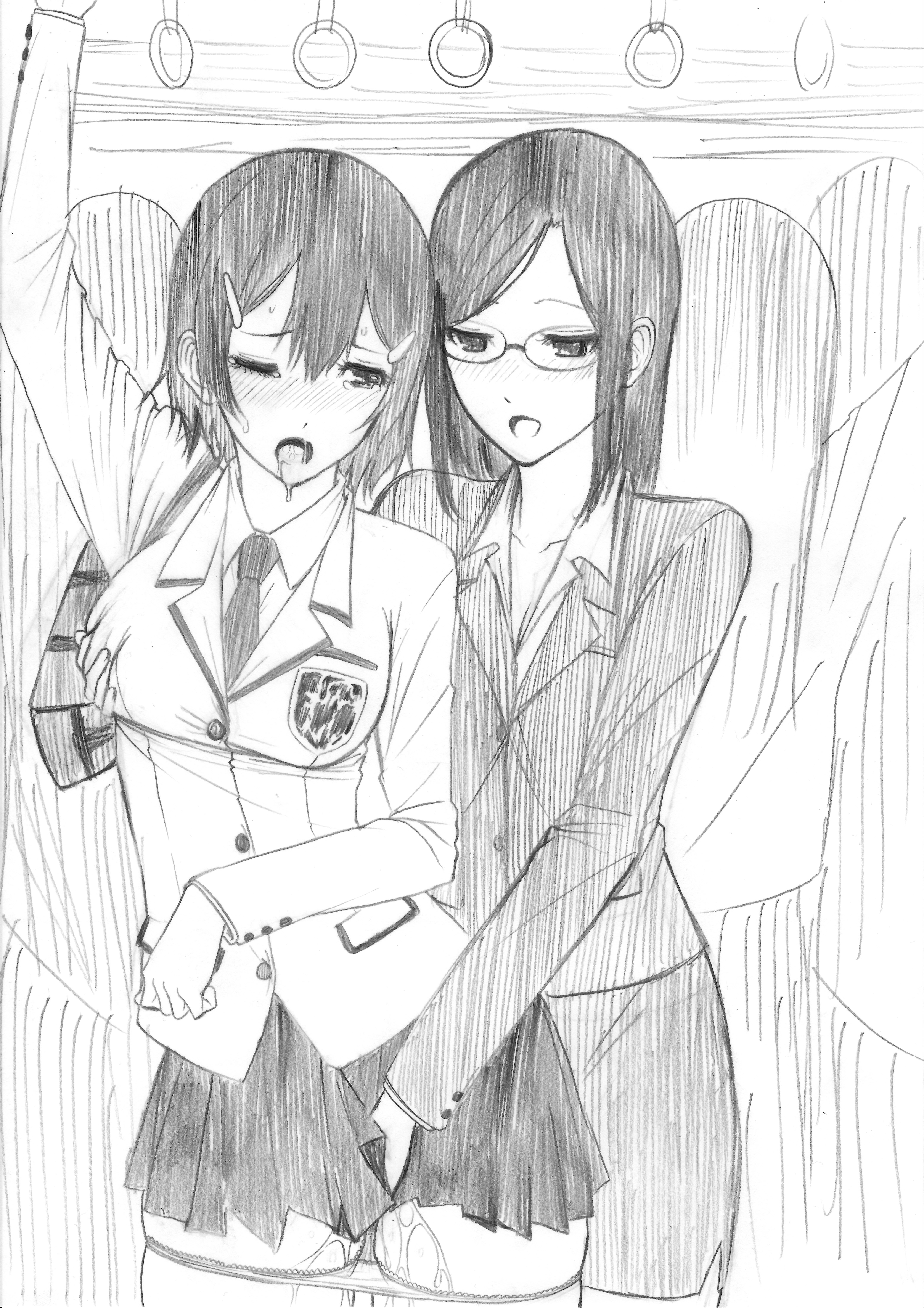 2girls, absurdres, black hair, blush, breast grab, breasts, business suit, clothed sex, drooling, female, fingering, glasses, hair ornament, hairclip, hand in panties, long hair, molestation, monochrome, multiple females, multiple girls, office lady, open mouth, original, panties, public, pussy, pussy juice, school uniform, serafuku, short hair, smile, train, underwear, white panties, yuri