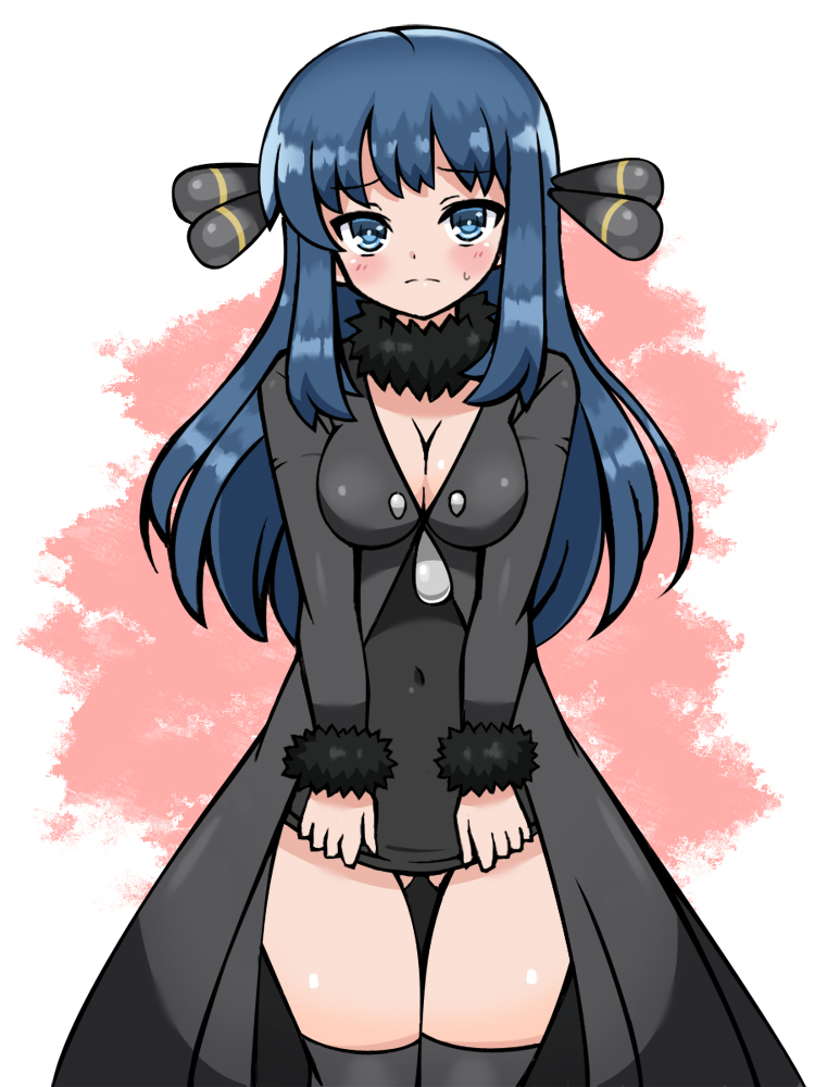 alternate_breast_size alternate_costume black_coat blue_eyes blue_hair blush breasts chro cleavage cosplay cynthia_(pokemon)_(cosplay) dawn_(pokemon) female fur_collar fur_trim hair_ornament long_hair looking_at_viewer navel nintendo pokemon pokemon_dppt solo standing thigh_gap thighhighs