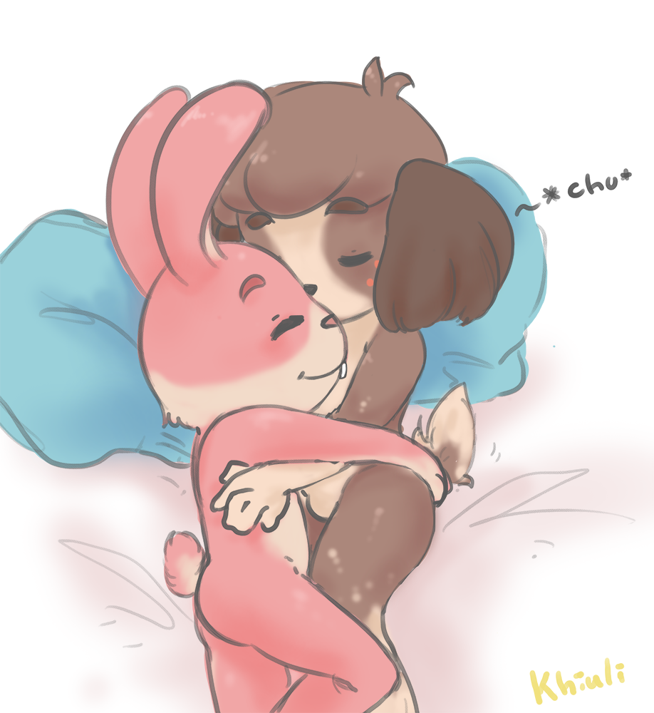 alternate_version_available animal_crossing anthro anthrofied badgegrab bed buckteeth canine closed_eyes cuddling digby_(animal_crossing) featureless_crotch high-angle_shot khiuli kissing lagomorph lying male_only mammal nintendo nintendo_badge_arcade nude on_bed on_side pillow rabbit signature smile sound_effects tasteful_nudity teeth video_games