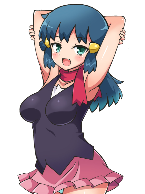 alternate breast size, aqua eyes, armpits, arms behind head, arms up, blue hair, blush, breasts, chro, cute fang, dawn (pokemon), female, hair ornament, hairclip, long hair, looking at viewer, miniskirt, nintendo, no hat, open mouth, pink skirt, pokemon, pokemon dppt, red scarf, scarf, showing armpits, simple background, skirt, smile, solo, upper body, white background