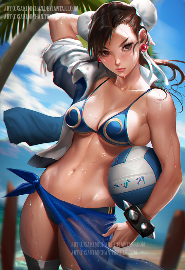 beach big_breasts bikini bracelet brown_hair bun_cover capcom chun-li cleavage double_bun female female_only hair_bun human navel outdoors pareo pinup realistic sakimichan skinny solo spiked_bracelet standing street_fighter sweat volleyball wet