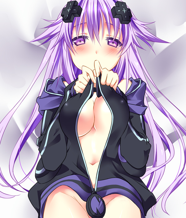 1girls, adult neptune, blush, bottomless, breast squeeze, breasts, cleavage, cross hair ornament, female, hair ornament, hoodie, long hair, looking at viewer, minagi, naked hoodie, naked sweater, navel, neptunia (series), no bra, no panties, open clothes, petite, purple hair, solo, sweater, tareme, undressing, zipper