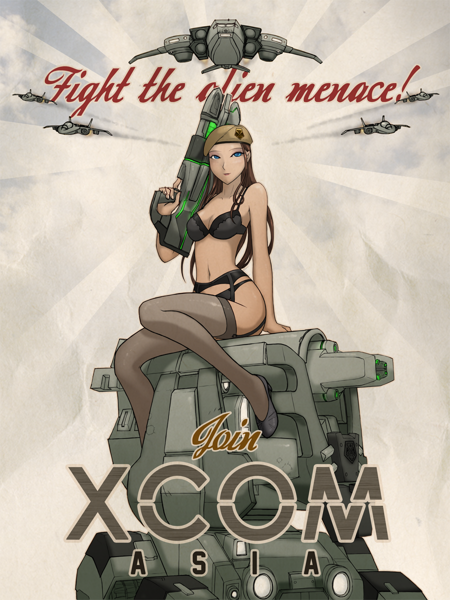 1girls aelannacessara black_bra black_panties black_thighhighs blue_eyes bra english_text female female_only garter_belt gun human human_female panties skyranger solo solo_female text thighhighs weapon x-com xcom_enemy_unknown