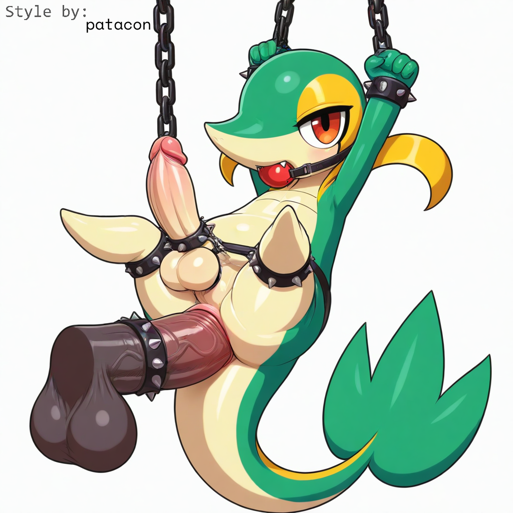 1:1 accessory ai_generated anal anal_sex animal_genitalia anthro anus ball_gag balls blush bodily_fluids bondage bondage bound bracelet chains cock_ring cuff_(restraint) disembodied_penis erection fangs feral gag gagged generation_5_pokemon genitals green_body hellsonger hi_res humanoid_genitalia humanoid_penis jewelry looking_at_viewer male male_penetrated male_penetrating nintendo nude open_mouth penetration penis penis_accessory penis_jewelry pokemon pokemon_(species) red_eyes reptile restraints scales scalie sex simple_background snivy solo solo_focus spiked_bracelet spikes submissive submissive_male suspension vein veiny_penis white_background