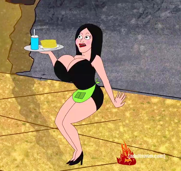 1woman 2013 adult_swim black_dress black_hair breasts cleavage cleavage_overflow curvy curvy_female curvy_milf curvy_woman dress green_eyes high_heels huge_breasts king_star_king_(adult_swim) large_breasts long_hair milf red_lipstick screen_capture screencap short_dress slutty_waitress_(king_star_king) waitress waitress_mega_melons_(king_star_king)