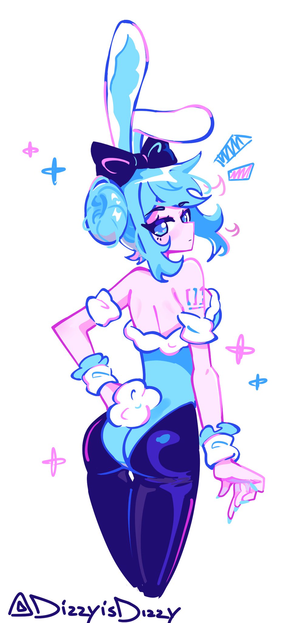 1girl, animal ears, artist name, ass, bangs, bare shoulders, big ass, black bow, black pantyhose, blue eyes, blue hair, bow, breasts, bunny ears, bunny girl, bunny tail, bunnysuit, cowboy shot, cropped legs, dizzyisdizzy, double bun, fake animal ears, female, from behind, hair bow, hair bun, hand on hip, hatsune miku, huge thighs, leotard, looking at viewer, looking back, medium breasts, navel, pantyhose, pink eyes, pink hair, playboy bunny, rabbit ears, rabbit tail, ribbon, short hair, signature, simple background, solo, strapless, strapless leotard, tail, thighs, vocaloid, white background, wrist cuffs