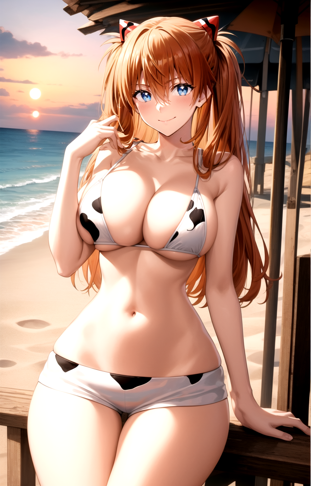 1girl ai-created ai_generated animal_print asuka_langley_sohryu bangs bare_arms bare_shoulders beach bikini bikini_shorts blue_eyes blue_sky blush breasts brown_hair clavicle cleavage closed_mouth clothing cloud cow_print cowboy_shot day female female_only hair_between_eyes hair_ornament hand_up headgear horizon interface_headset large_breasts long_hair looking_at_viewer medium_breasts midriff navel neon_genesis_evangelion ocean orange_hair outdoors pixiv rena_aikawa_(pixiv_user) sand shiny short_shorts shorts sitting sky smile solo stable_diffusion standing stomach string_bikini sunlight sunset swimsuit tagme thighs tied_hair two_side_up umbrella very_long_hair water white_bikini white_shorts white_swimsuit