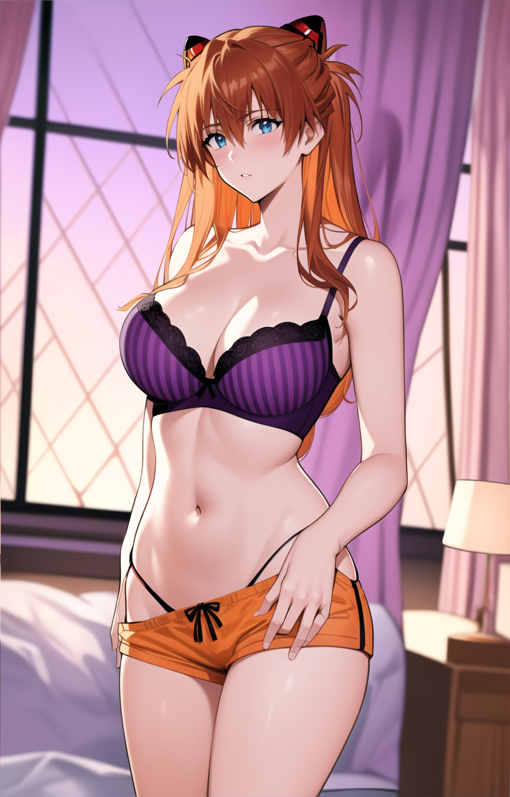 1girl ai-created ai_generated asuka_langley_sohryu bangs bare_arms bare_shoulders bed bed_sheet bedroom big_breasts black_bra black_clothes black_panties black_underwear blue_eyes blush bow bow_bra bow_panties boyshorts bra breasts brown_hair clavicle cleavage closed_mouth clothes_pull clothing cowboy_shot curtains eyebrows_visible_through_hair female female_only hair_between_eyes hair_ornament hairpods headgear indoors interface_headset lace-trimmed_bra lace_trim lamp large_breasts lingerie long_hair looking_at_viewer medium_breasts midriff navel neon_genesis_evangelion on_bed orange_hair orange_shorts panties_under_shorts pantsu parted_lips pillow purple_bra purple_panties purple_underwear rena_aikawa_(pixiv_user) shiny short_shorts shorts shorts_pull smile solo stable_diffusion standing stomach string_panties striped tagme thigh_gap thighs underwear underwear_only very_long_hair window