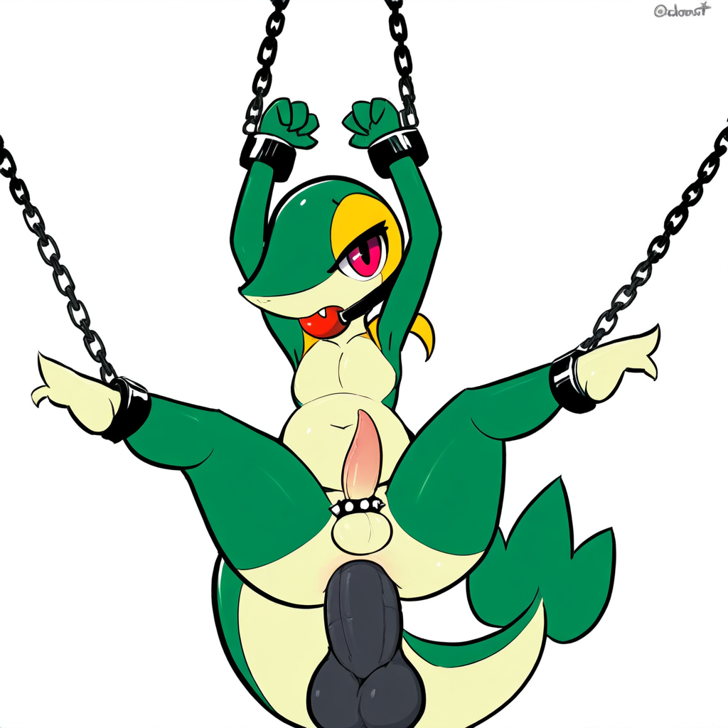 1:1 ai_generated anal anal_sex animal_genitalia anthro anus ball_gag balls bondage bound chained chains cock_ring cuff_(restraint) erection fangs gag generation_5_pokemon genitals girly green_body hellsonger hi_res kobold lizard looking_at_viewer male male_only navel nintendo nude penetration penis penis_accessory penis_jewelry pokemon pokemon_(species) red_eyes reptile restraints scalie shackles simple_background snivy solo spread_legs spreading submissive submissive_male suspension white_background