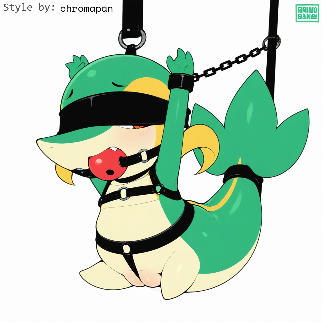 1:1 ai_generated ball_gag blindfold blush bondage bondage bound chains cuff_(restraint) female feral gag gagged generation_5_pokemon genitals green_body harness hellsonger hi_res nintendo pokemon pokemon_(species) pussy reptile restraints scalie simple_background snivy solo submissive submissive_female suspension white_background