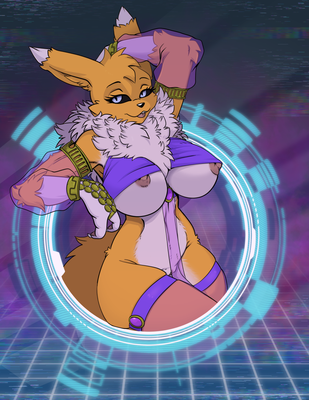 2023 anthro armwear bandai_namco black_nose black_sclera blue_eyes breasts canid clothed clothing digimon digimon_(species) female fur genitals harem_outfit hi_res legwear mammal multicolored_body multicolored_fur nipple_slip nipples open_mouth open_smile pussy renamon signature smile solo thigh_highs translucent translucent_armwear translucent_clothing two_tone_body two_tone_fur under_boob white_body white_fur yawg yellow_body yellow_fur