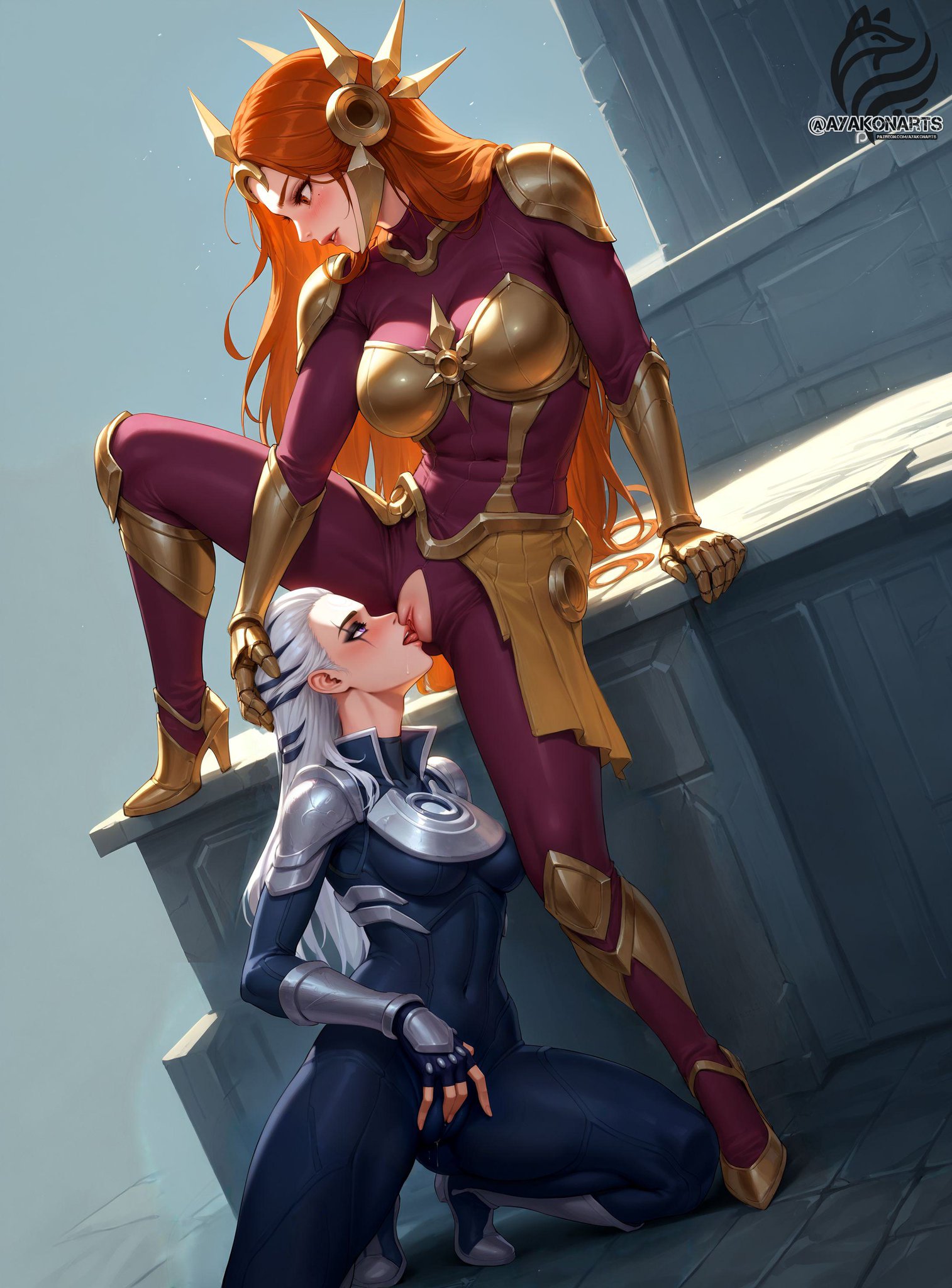 2girls, ai generated, armor, ayakonarts, cunnilingus, day, diana (league of legends), female, female/female, human, human female, league of legends, leona (league of legends), light skin, light-skinned female, masturbating during cunnilingus, oral, outdoors, pussy, rubbing pussy, yuri