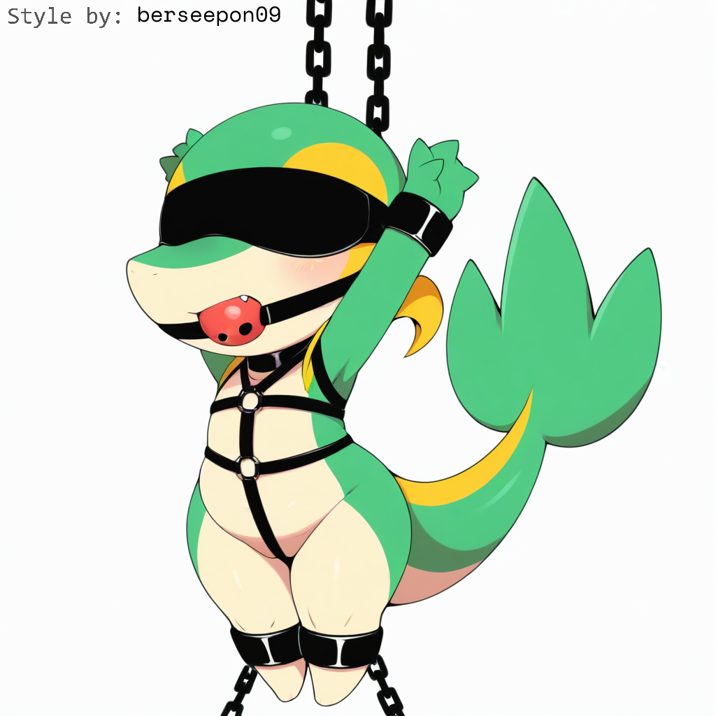 1:1 ai_generated anthro ball_gag blindfold blush bondage bondage bound chain_leash chained chains collar cuff_(restraint) female gag gagged generation_5_pokemon green_body harness hellsonger hi_res nintendo pokemon pokemon_(species) reptile restraints scalie shackles simple_background snivy solo submissive submissive_female white_background wrist_cuffs