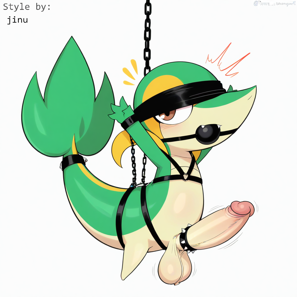 1:1 accessory ai_generated anthro ball_gag balls big_penis blindfold blush bondage bondage bound chains cock_ring cuff_(restraint) erection feral gag gagged generation_5_pokemon genitals harness hellsonger hi_res humanoid_genitalia humanoid_penis jewelry male nintendo penis penis_accessory penis_jewelry pokemon pokemon_(species) reptile scalie simple_background snivy solo submissive submissive_male white_background