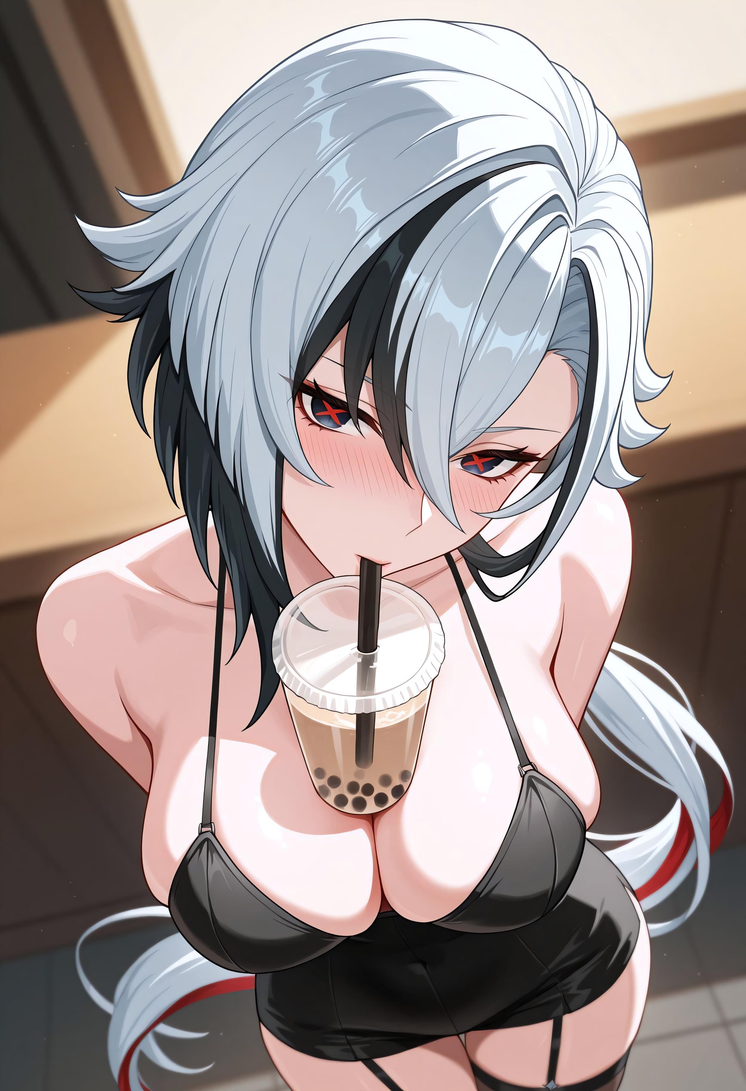 ai generated, alternate costume, arlecchino (genshin impact), arms behind back, bare shoulders, black dress, black eyes, black garter straps, black hair, black thighhighs, blush, breasts, bubble tea, cleavage, collarbone, covered navel, cup, disposable cup, dress, drinking straw, female, from above, garter straps, genshin impact, grey hair, hair between eyes, large breasts, long hair, looking at viewer, multicolored hair, red pupils, shadowrealmarts, solo, spaghetti strap, streaked hair, symbol-shaped pupils, thighhighs, thighs, two-tone hair, uncensored, white hair, x-shaped pupils