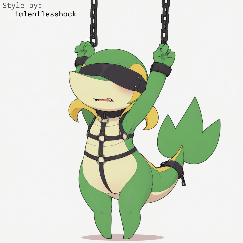 1:1 ai_generated anthro blindfold blonde_hair blush bondage bondage bound chains collar cuff_(restraint) english_text generation_5_pokemon green_body hair hellsonger hi_res male nintendo open_mouth pokemon pokemon_(species) reptile restraints scalie shackles simple_background snivy solo submissive white_background