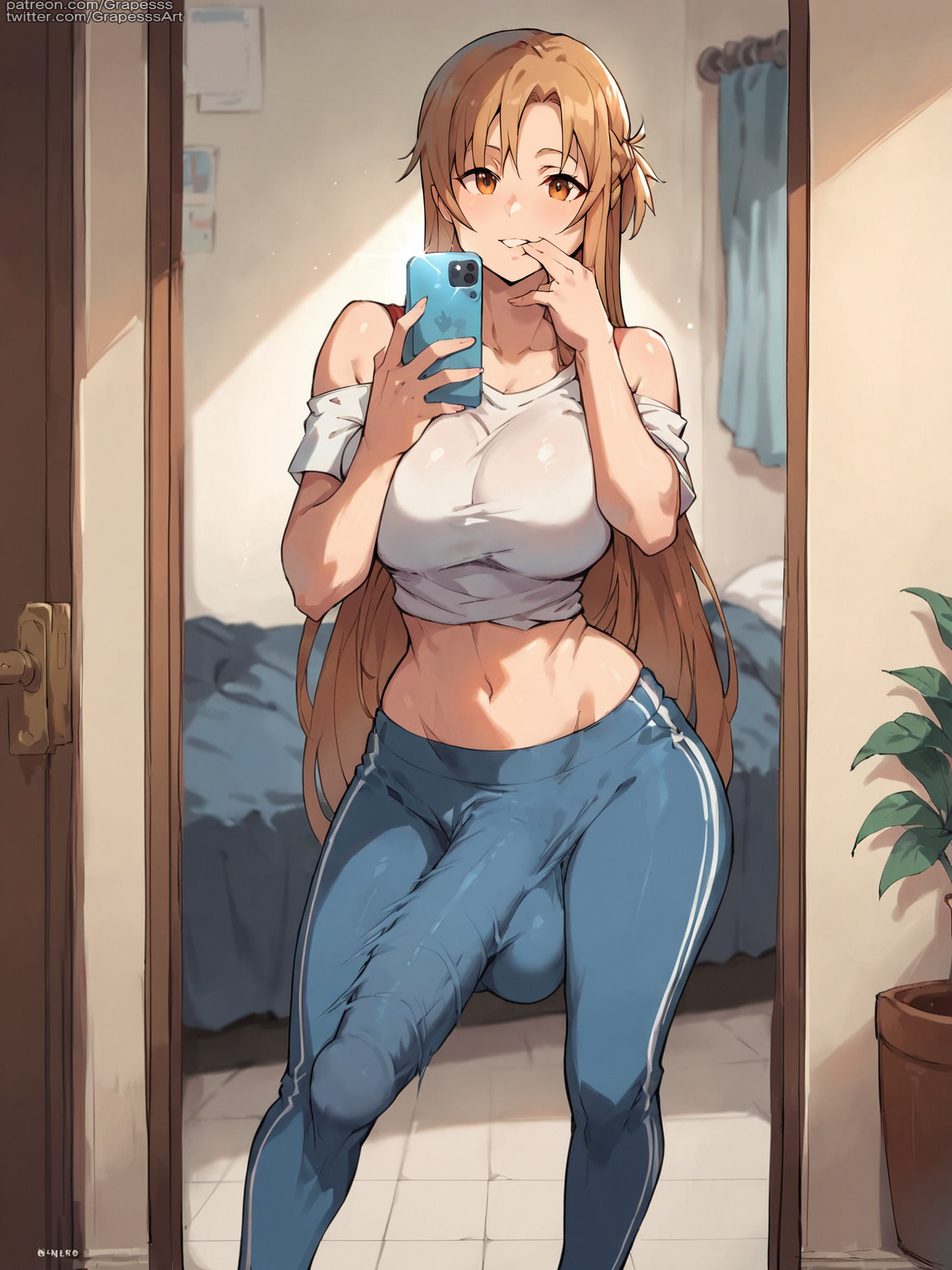 ai generated, bulge through clothing, futanari, grapesss, intersex, light skin, light-skinned futa, sword art online, yuuki asuna