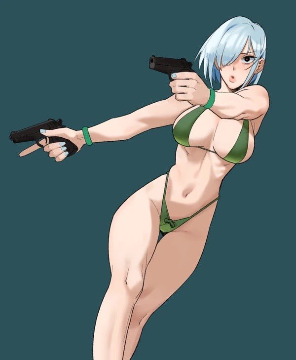 1girl belly belly_button big_breasts bikini female female_focus female_only fiona_frost gun holding_gun holding_weapon hong_doo spy_x_family white_hair