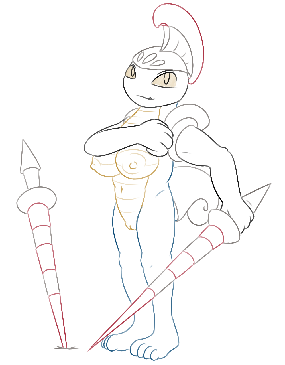 anthro areola armor arthropod breasts erect_nipples escavalier fangs female grey_eyes headgear helmet insectoid insects looking_at_viewer melee_weapon navel nintendo nipples nude pokemon polearm posexe pussy simple_background smile solo spear teeth video_games weapon white_background