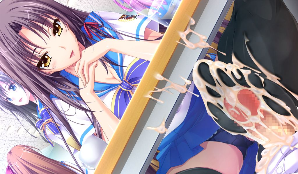 1boy, aotsuki sakuya, atelier kaguya, big breasts, black legwear, breasts, brown hair, censored, choco chip, chu x pet, classroom, cleavage, clothed female, cum, cum on feet, cum on legwear, cum on self, cumdrip, cumshot, feet, female, footjob, game cg, large breasts, long hair, male, mosaic censoring, open mouth, pantyshot, pantyshot (sitting), penis, school uniform, schoolgirl, sitting, skirt, spread legs, thighhighs, tongue, under the table, yellow eyes