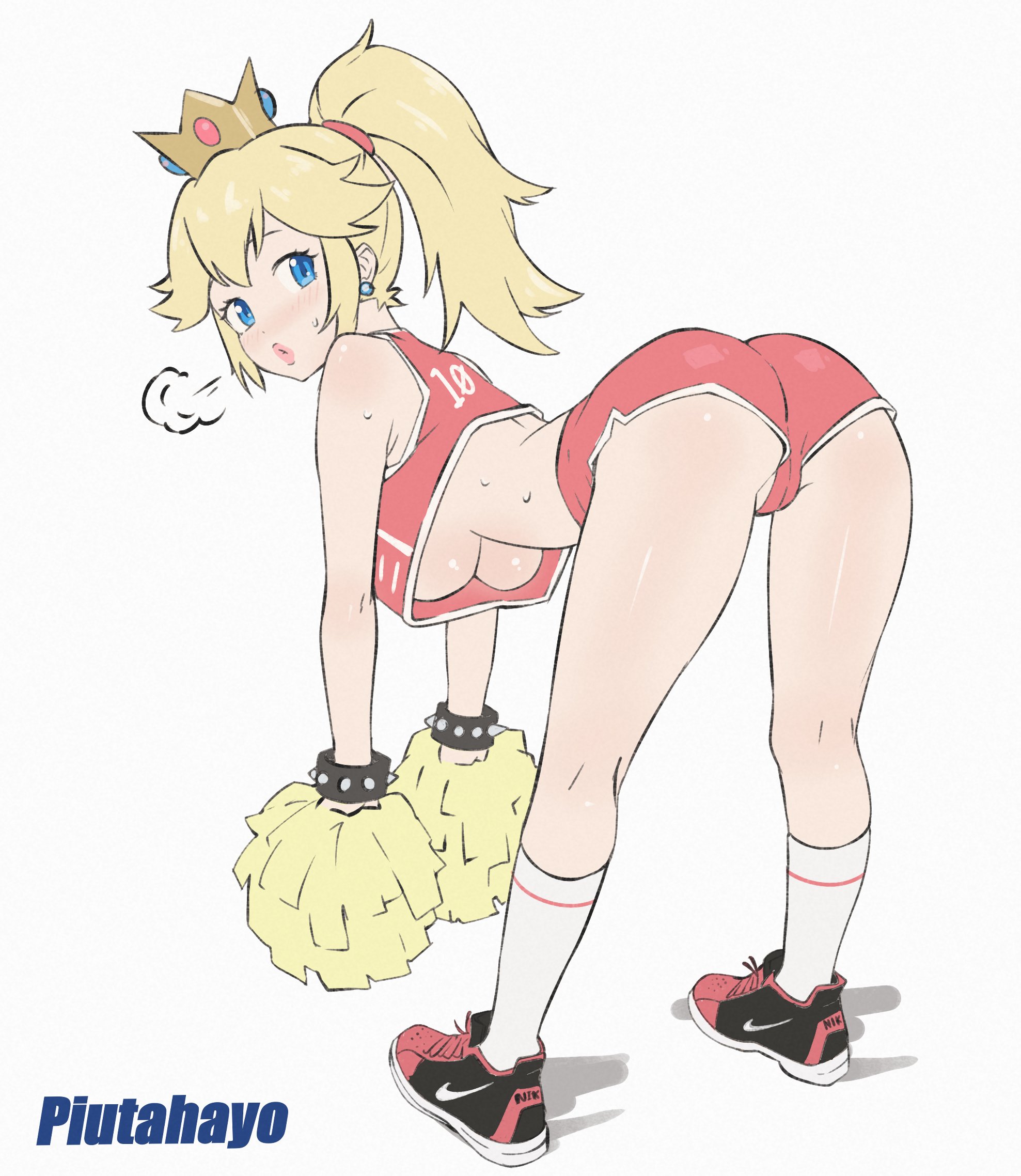 1girls, ai assisted, ai generated, bent over, blonde hair, breasts, cheerleader, crown, female, hanging breasts, looking at viewer, looking back, mario (series), piutahayo, ponytail, princess peach, underboob