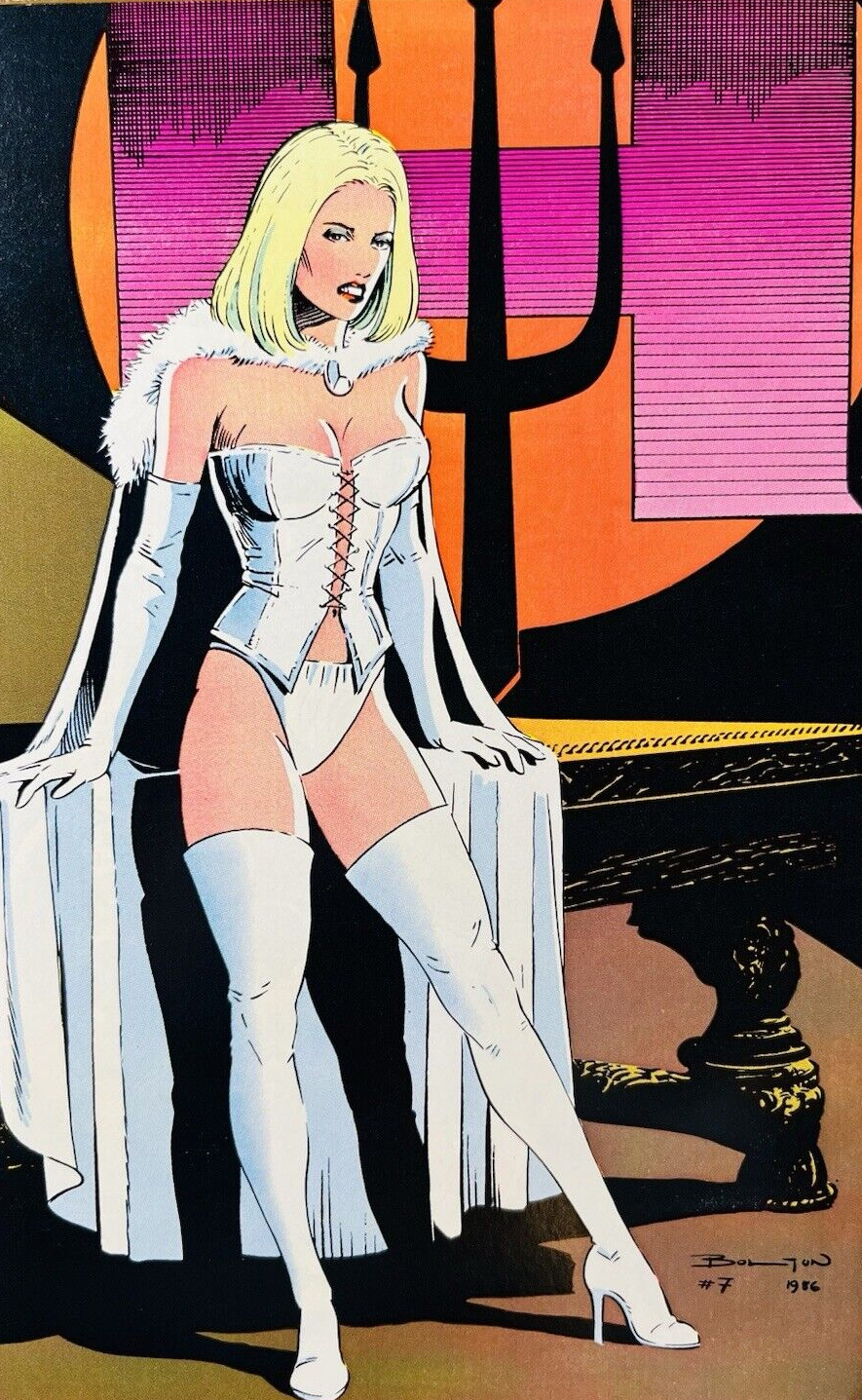 1girl blonde_hair blue_eyes classic_comic comic comic_cover corset emma_frost female female_focus female_only hellfire_club john_bolton marvel marvel_comics panties pinup pinup_pose solo thighhighs white_queen x-men