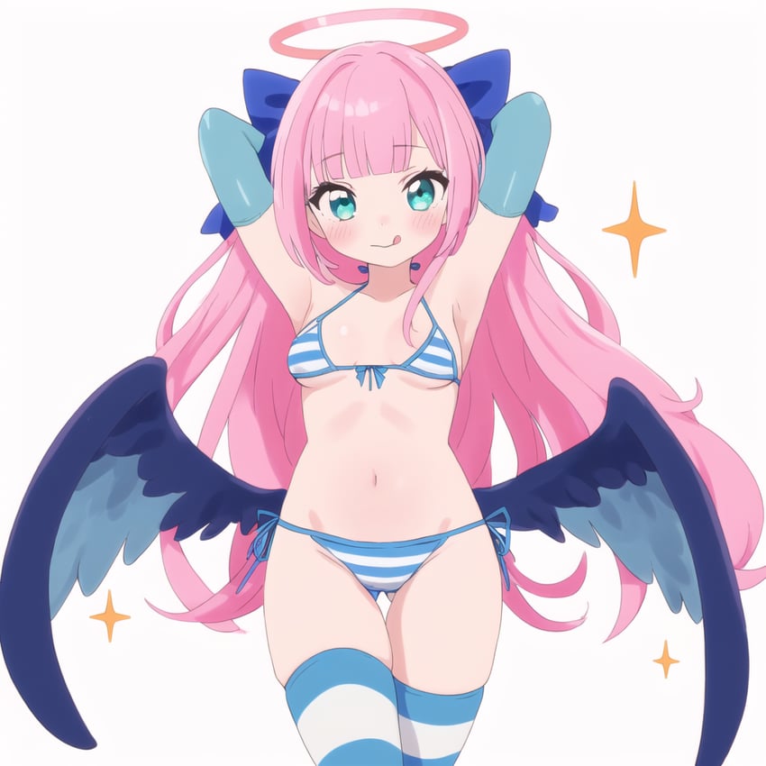 :q armpits arms_behind_head arms_up ass_visible_through_thighs bangs bikini black_wings blue_bikini blue_bow blue_gloves blue_thighhighs blush bow breasts elbow_gloves feathered_wings female gloves green_eyes groin hair_ribbon hairbow halo long_hair looking_at_viewer low_wings milnayavodka navel panty_&_stocking_with_garterbelt pink_hair ribbon self-upload side-tie_bikini_bottom simple_background skindentation small_breasts smile solo sparkle standing stocking_(psg) striped striped_bikini striped_thighhighs sweet_sugar_syndrome swimsuit thigh_gap thighhighs thighs tongue tongue_out very_long_hair white_background wings