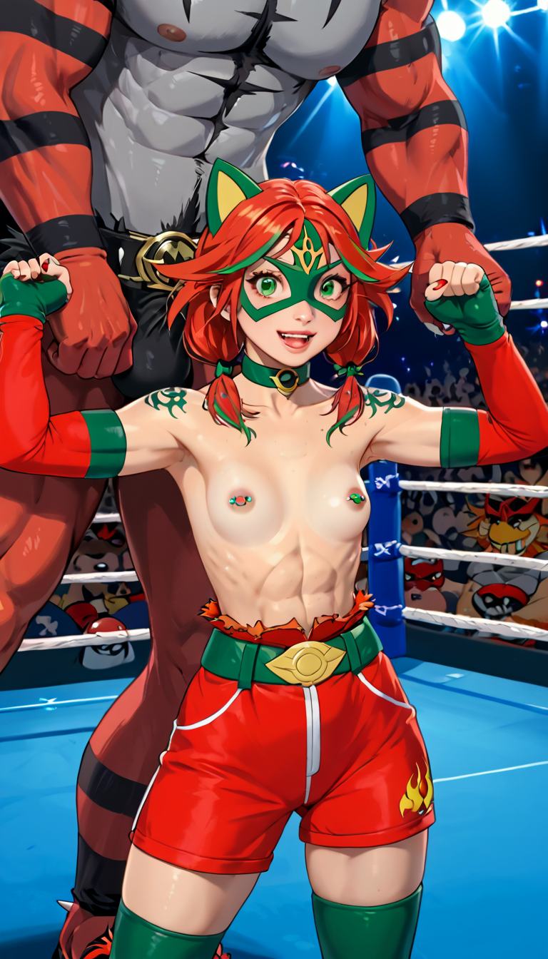 abs ai_generated incineroar mask original_character pokemon pokemon_(species) pose posing red_hair terror139 wrestler wrestler_lexiroar wrestling wrestling_outfit wrestling_ring