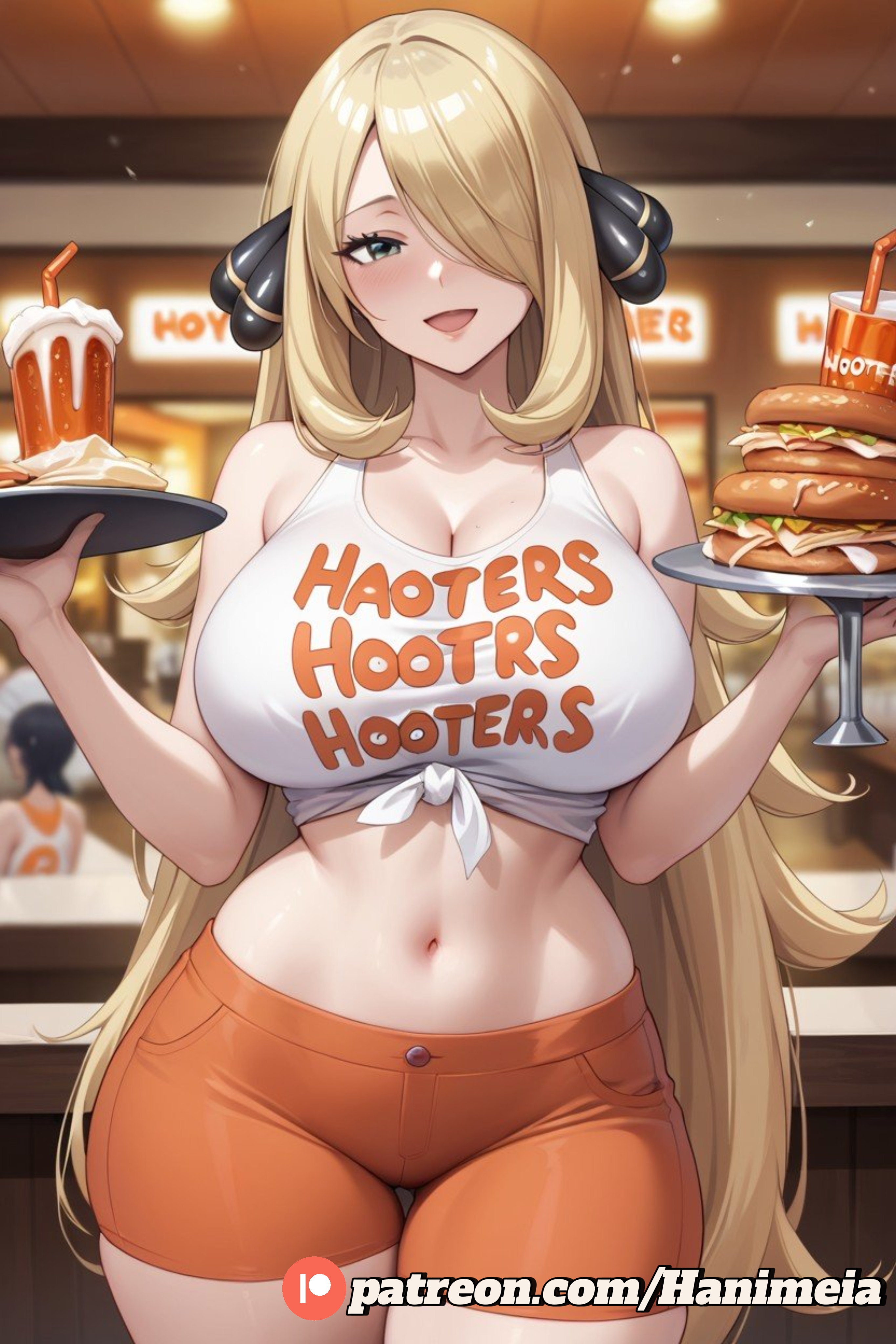1girls, ai generated, anime, ass, beautiful, big ass, big breasts, breasts, cynthia (pokemon), female, hanimeia, hooters, hooters uniform, pokemon