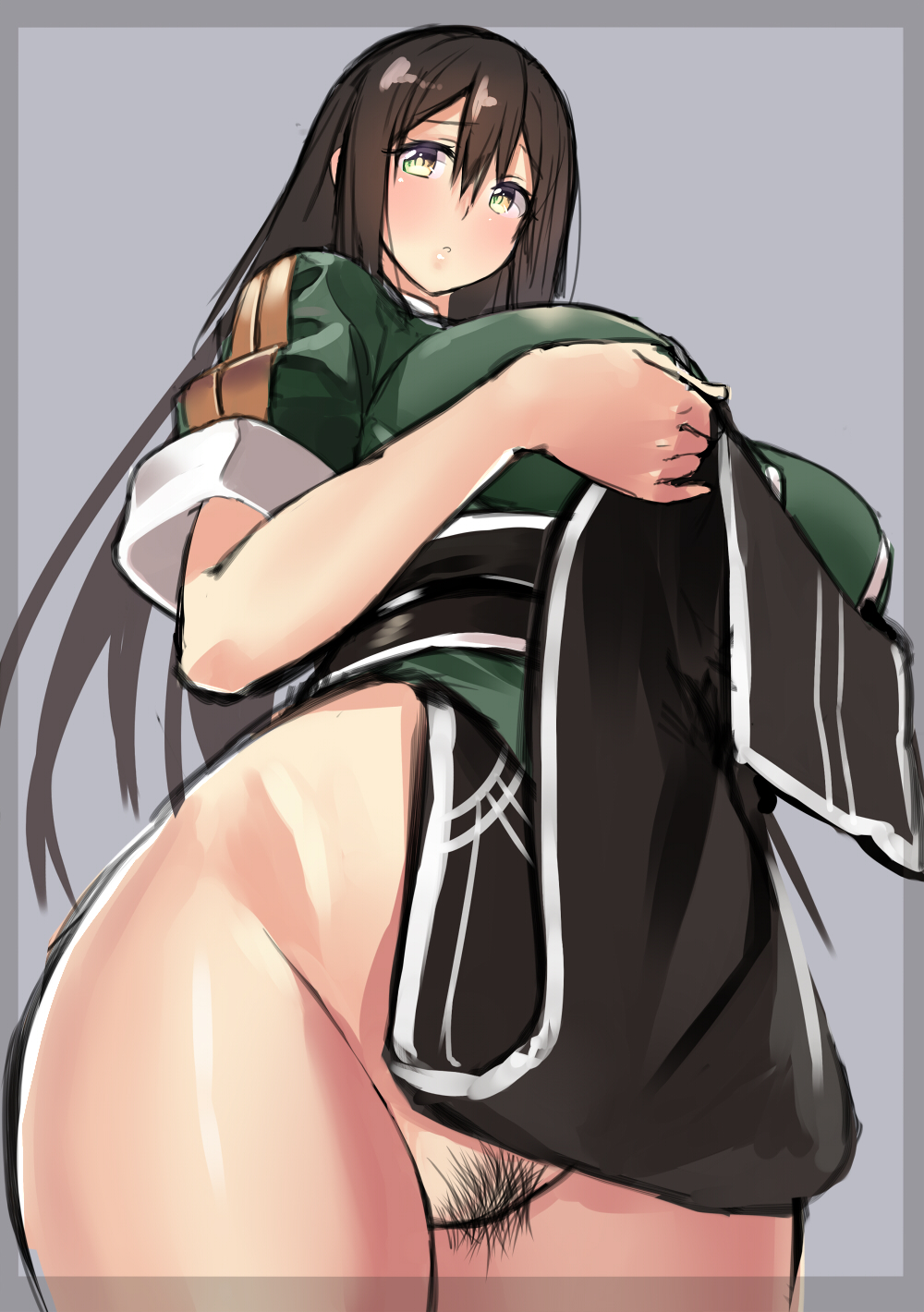 black_hair black_skirt bottomless breasts brown_hair chikuma_(kantai_collection) curvy female green_eyes groin highres hip_bones huge_breasts jacket kantai_collection large_breasts long_hair long_skirt looking_at_viewer no_panties parted_lips pelvic_curtain pubic_hair pussy remodel_(kantai_collection) short_sleeves side_slit skirt skirt_lift solo standing thick_thighs wamwam wide_hips yellow_eyes